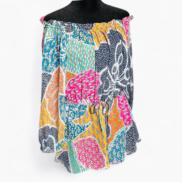 2/$25 Dianne Von Furstenberg Camila Silk Top Off Shoulder Blouse Beach Vacation - Picture 4 of 15